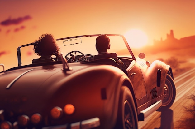 Um casal em um carro vintage vermelho com o sol se pondo atrás deles