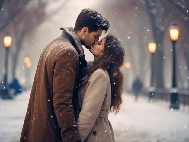 Um casal em um momento romântico a beijar-se durante a neve