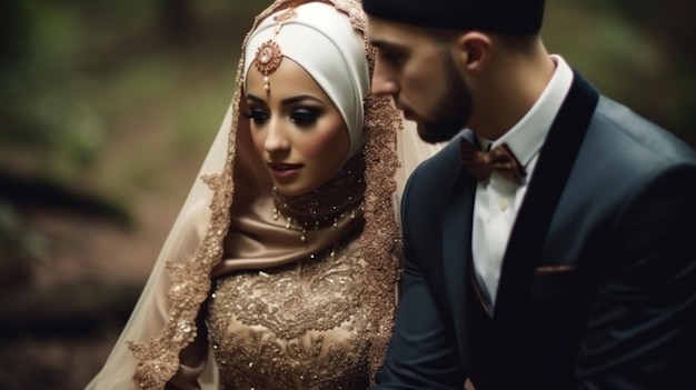 Um casal em um vestido de noiva com um véu