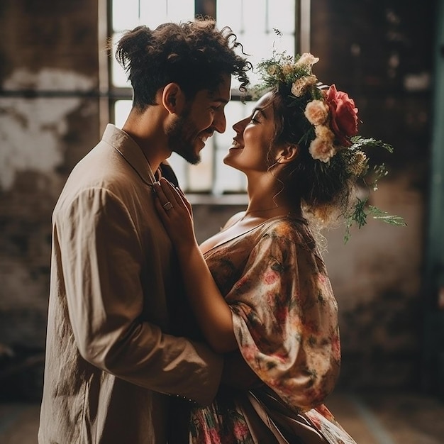 Um casal em um vestido de noiva com uma coroa de flores na cabeça