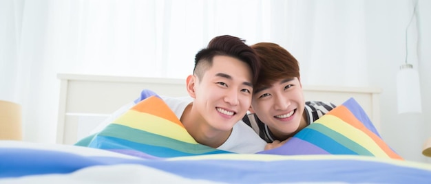 um casal em uma cama com um cobertor de cor arco-íris