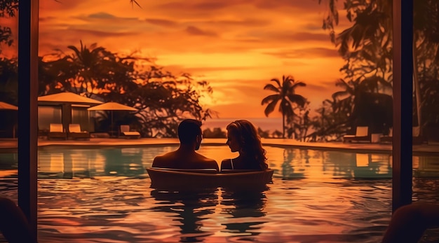 Um casal em uma piscina ao pôr do sol