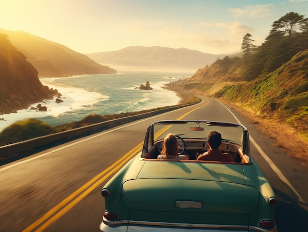 Foto um casal em uma viagem panorâmica de carro, dirigindo através de belas montanhas e desfrutando do pôr-do-sol