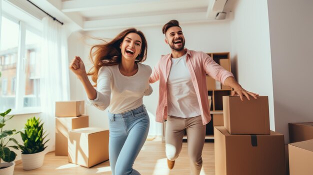 Um casal emocionado depois de se mudar para uma nova casa.