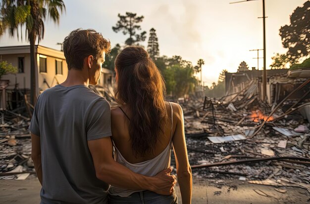 Foto um casal enfrenta um complexo de apartamentos coberto de escombros no estilo californiano.