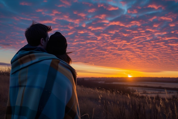 Um casal envolto num cobertor a ver o nascer do sol.