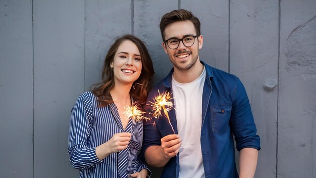 Foto um casal esperto com faíscas na parede cinzenta.