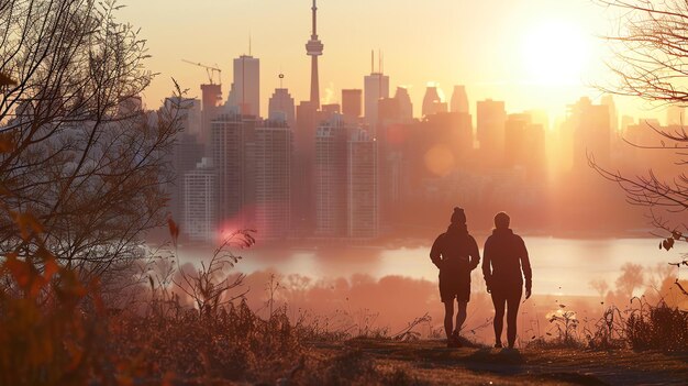 Um casal está caminhando em uma colina ao pôr-do-sol a cidade está no fundo o sol está a pôr-se atrás da cidade