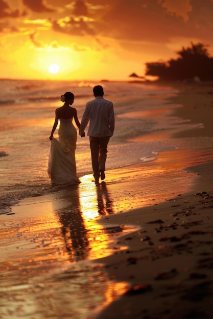 Um casal está caminhando na praia ao pôr do sol