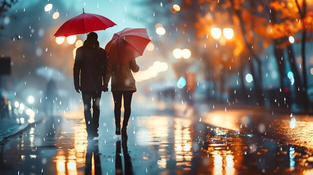 Um casal está caminhando por uma rua molhada da cidade está chovendo e a rua está refletindo as luzes da cidade