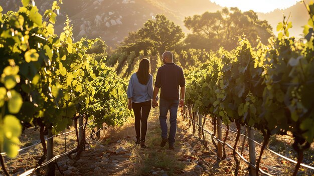 Foto um casal está caminhando por uma vinha verde exuberante o sol está a pôr-se e o céu é uma laranja dourada quente o casal está de mãos dadas