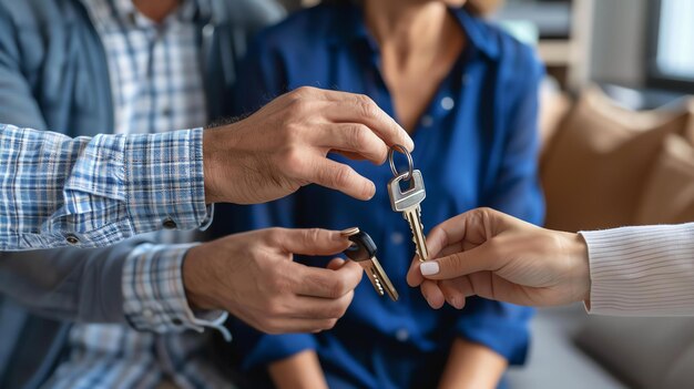 Foto um casal está comprando uma casa, o agente imobiliário está entregando as chaves aos novos proprietários, todos estão sorrindo e entusiasmados.