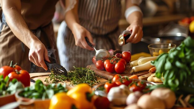 Um casal está cozinhando na cozinha. Eles estão cortando legumes e adicionando especiarias.