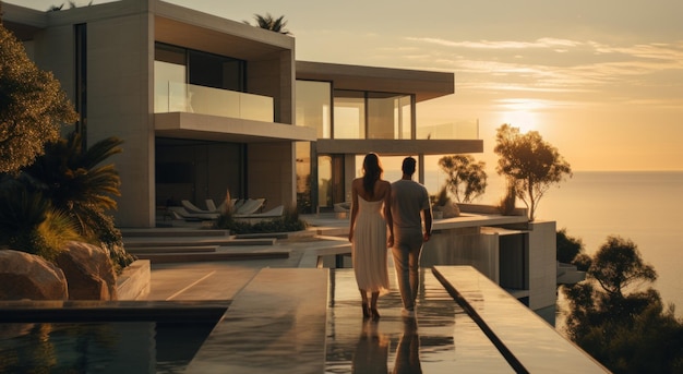Foto um casal está de pé em frente a uma casa com uma bela vista em um ambiente de país