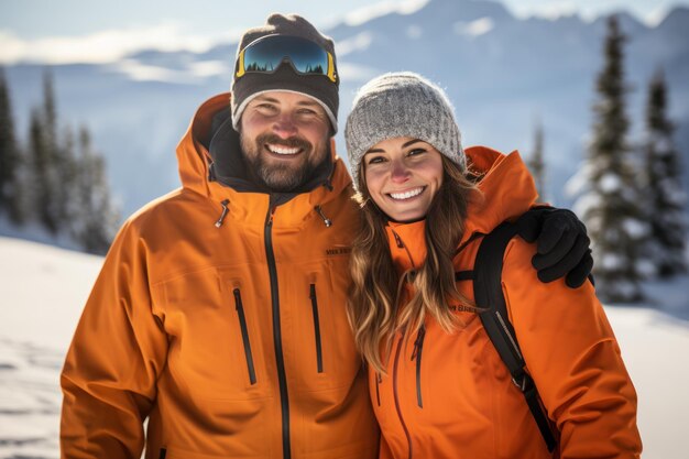 Um casal está de pé na neve na estação de esqui