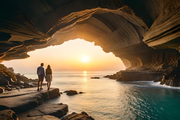 Um casal está em uma caverna olhando para o oceano ao pôr do sol.