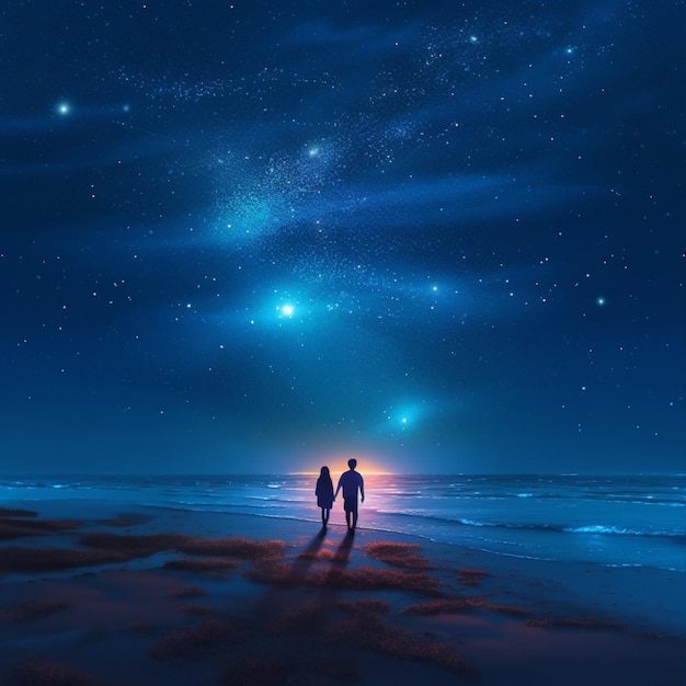Um casal está em uma praia sob um céu estrelado.
