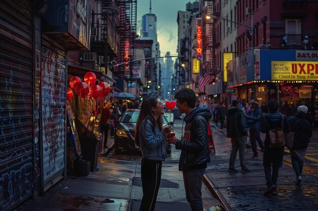 Foto um casal está falando na rua com a palavra nele