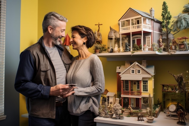 Um casal está junto observando uma variedade de casas modelo em exibição House Hunting Harmony Uma viagem de casais para encontrar sua nova morada AI Gerado