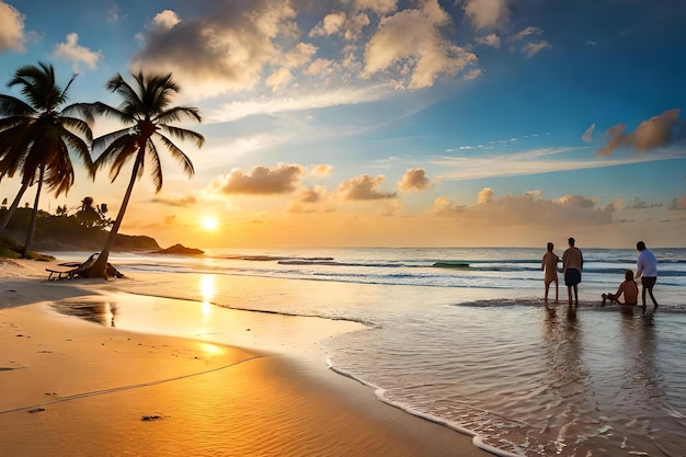 Um casal está na praia em frente a uma palmeira.