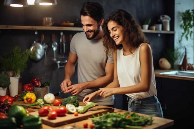 Foto um casal está preparando legumes em uma cozinha