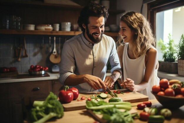 Foto um casal está preparando legumes na cozinha