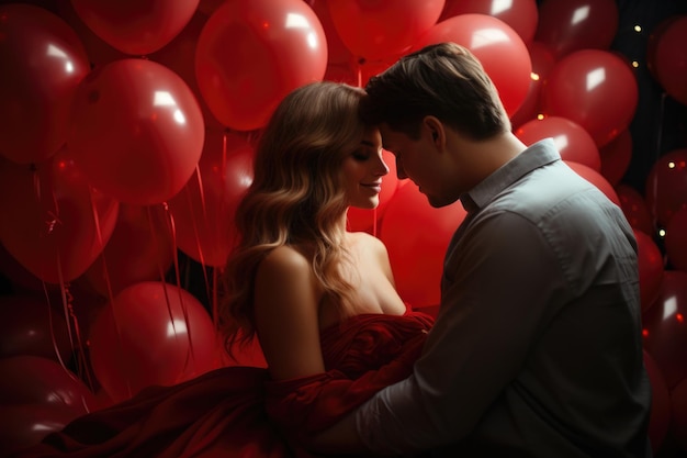 Um casal está se abraçando em frente a uma parede cheia de balões vermelhos.