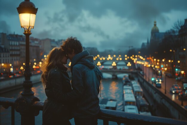 Um casal está se beijando em uma ponte sobre um rio