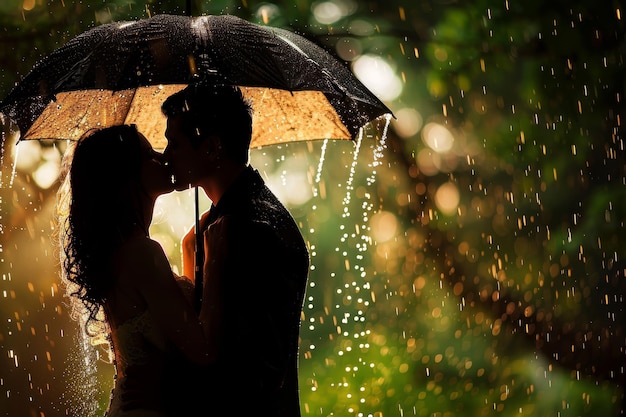 Um casal está se beijando sob um guarda-chuva na chuva