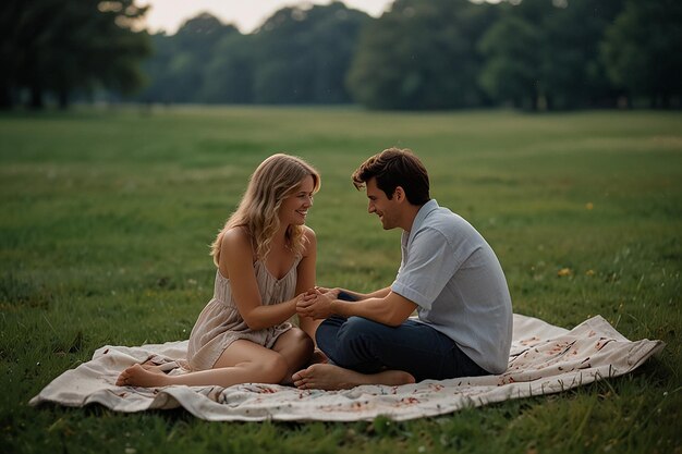 um casal está sentado em um cobertor em um parque