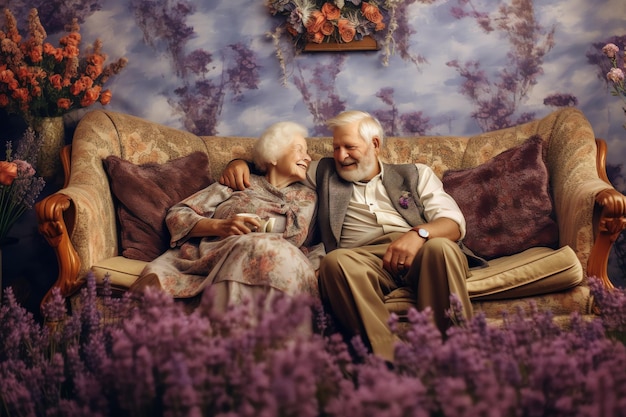 Um casal está sentado em um sofá em uma sala roxa com flores roxas.