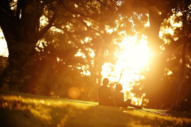 Um casal está sentado em uma encosta gramada desfrutando do sol