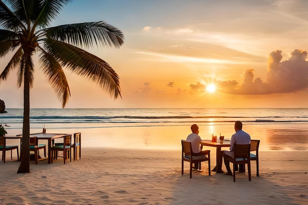 Um casal está sentado em uma mesa na praia ao pôr do sol.