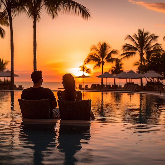 Foto um casal está sentado em uma piscina com palmeiras e um pôr do sol ao fundo.