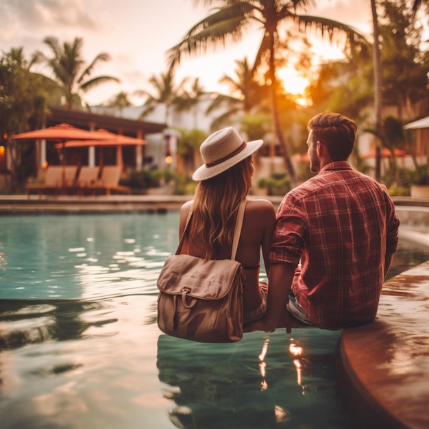 Um casal está sentado em uma piscina, usando chapéu e chapéu de palha, olhando o pôr do sol.