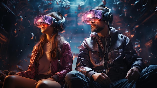 um casal está usando óculos VR no estilo do simbolismo cósmico gerado por IA