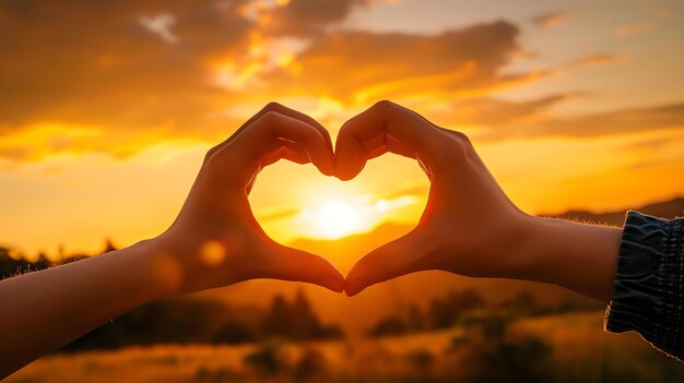 Um casal fazendo uma forma de coração com as mãos ao pôr do sol