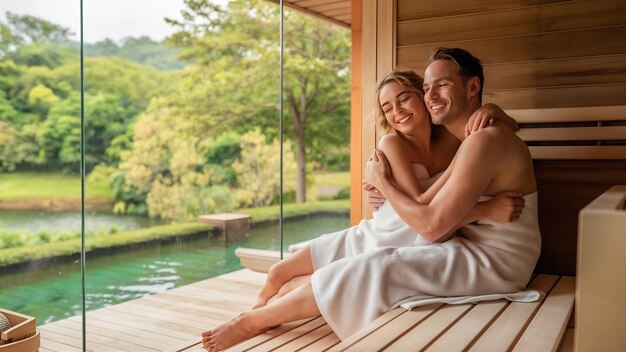 Um casal feliz a abraçar-se enquanto se relaxa na sauna num spa de saúde. A vista é através do vidro.