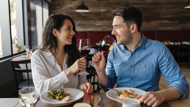 Um casal feliz a beber vinho enquanto almoça num restaurante.