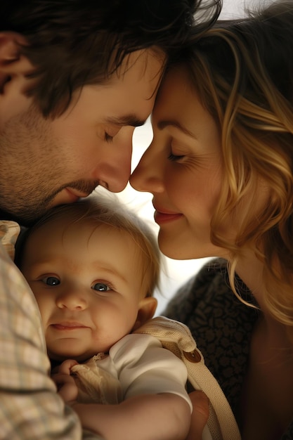 Foto um casal feliz a beijar um recém-nascido a mostrar afeição ao bebé.