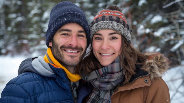 Um casal feliz a desfrutar de um dia de inverno ao ar livre.