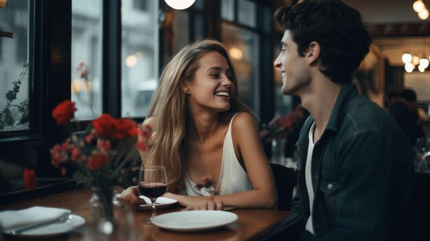 Um casal feliz a desfrutar de um jantar num café aconchegante