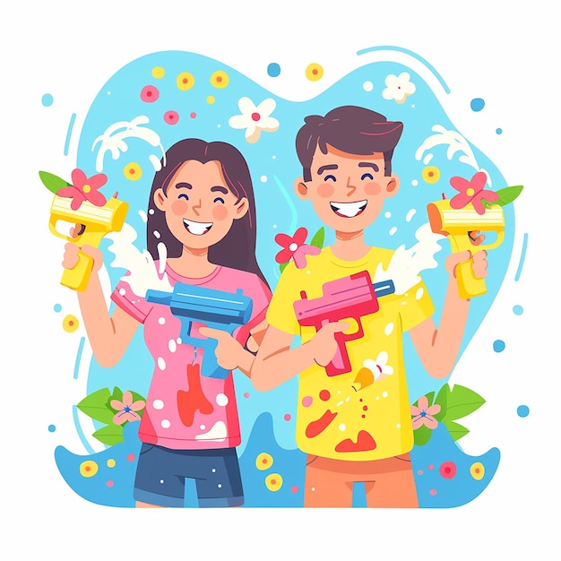 Um casal feliz a desfrutar de uma ilustração vetorial de uma luta com uma arma d'água