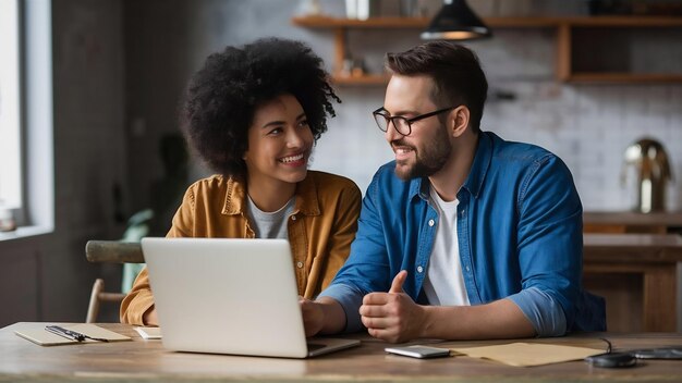 Um casal feliz a falar enquanto usa um portátil no seu novo apartamento