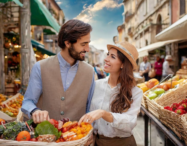 Foto um casal feliz a fazer compras na barraca do mercado.