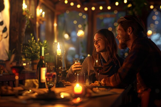 Um casal feliz a jantar à luz de velas.