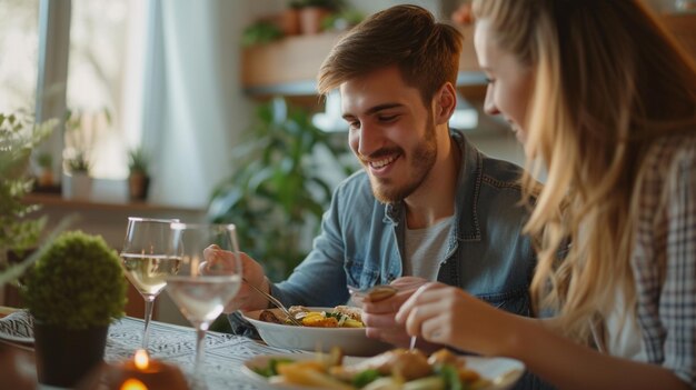 Foto um casal feliz a jantar em casa.