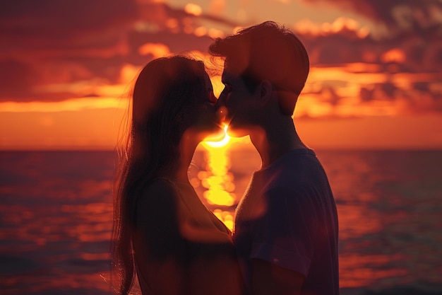 Foto um casal feliz a partilhar um beijo romântico ao pôr-do-sol