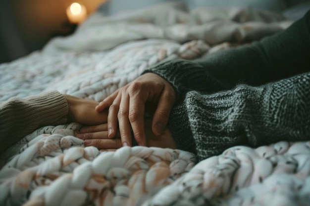 Um casal feliz a relaxar na cama e a dar as mãos pela manhã.