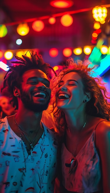 Um casal feliz a rir juntos numa cena noturna iluminada por néon